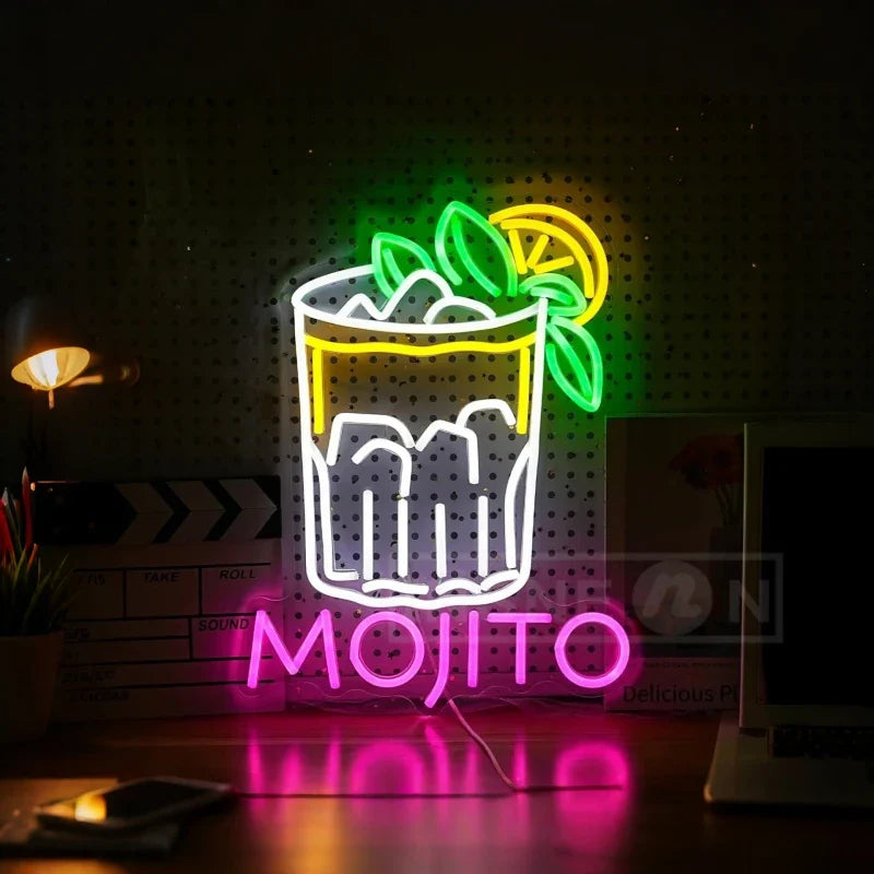 Neonskylt på en vägg i en bar