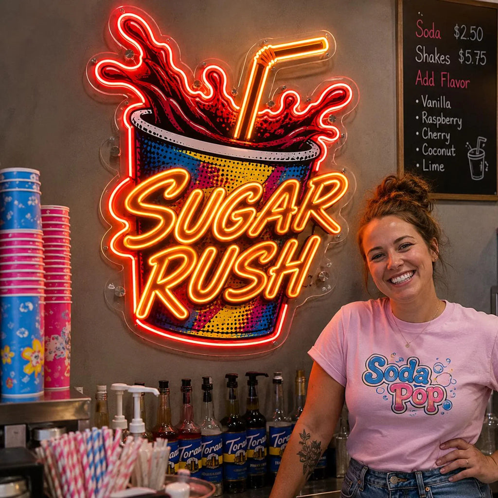 Neonskylt formad som en läskmugg bakom disken i ett café
