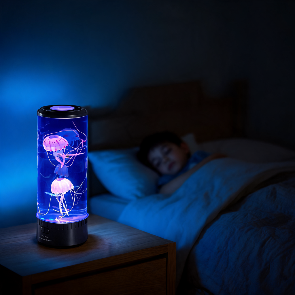 Manetlampa i blått ljus på en hylla i ett vardagsrum