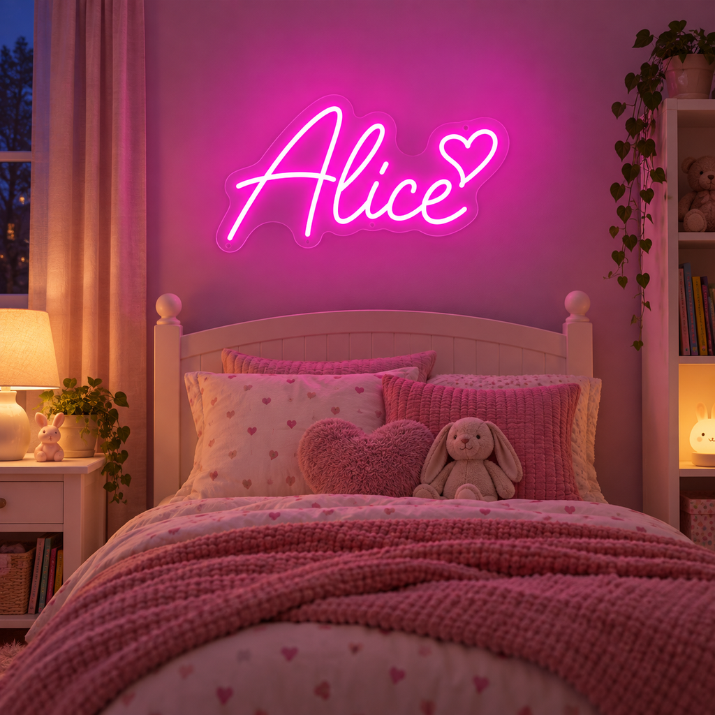 Rosa neonskylt med namnet Alice och ett hjärta ovanför en säng i ett barnrum