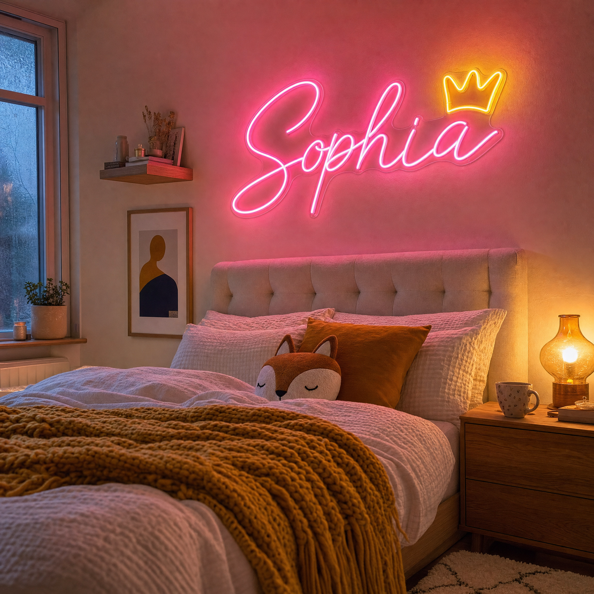 Rosa neonskylt med namnet Sophia och en gul krona i ett sovrum