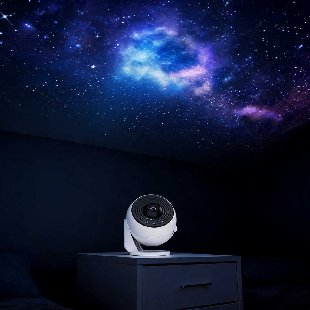 Planetarieprojektor som lyser upp taket med stjärnor över en säng i ett mörkt sovrum