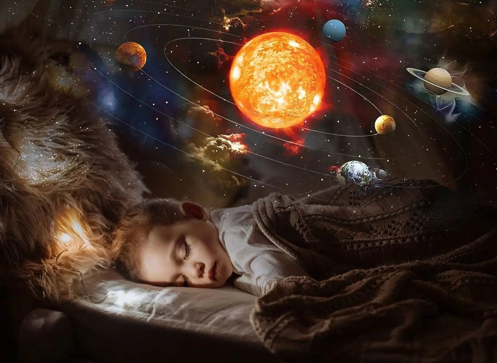 Planetarieprojektor som lyser upp taket över en sovande person
